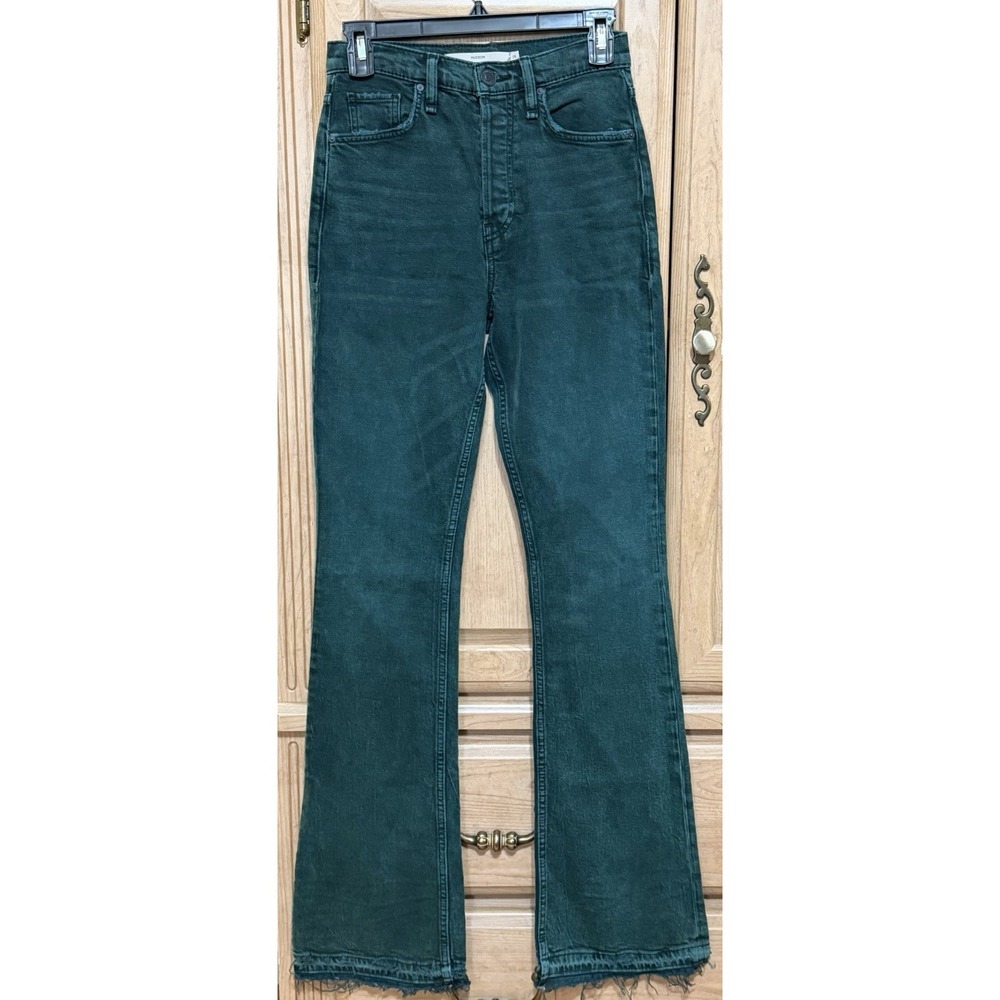 Hudson Womens Jeans Sz 25 Tall Green High Rise Flare Raw Distressed Hem Stretch